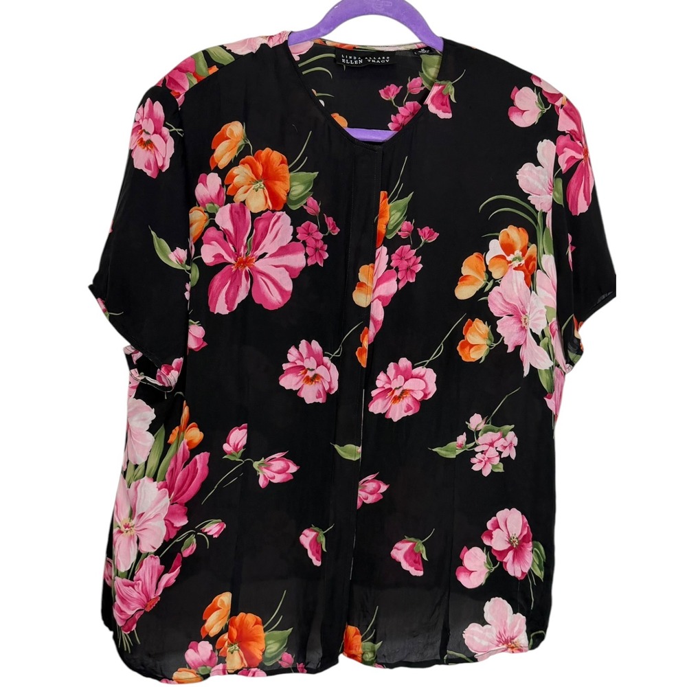 Linda Allard Ellen Tracy 22 Black Floral Silk Blouse Button Front Cottage Sheer